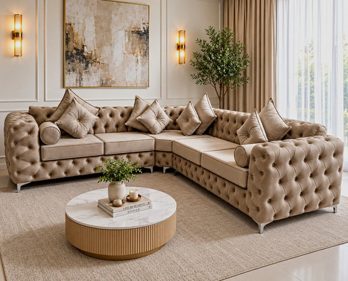 Beige plush chesterfield - beige,